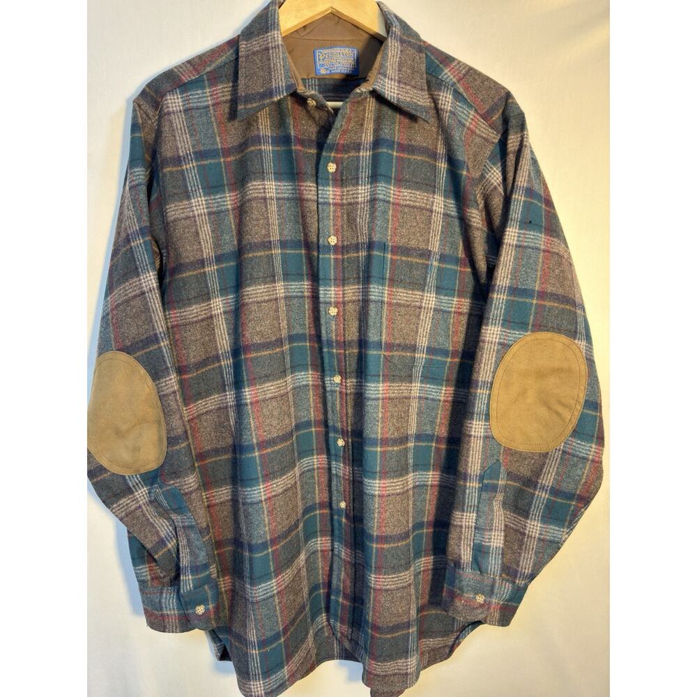 Pendleton Wool Flannel Shirt L Plaid Elbow Patch USA Cabin Workwear